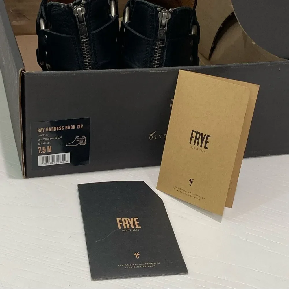 Frye Ray Harness Back Zip Black Size 7.5 Stacked Block Heel Metal Ring Detail